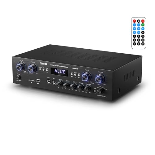 Donner Amplificatore di potenza Audio Bluetooth 5.0, Amplificatore Audio Stereo 4 Canali, Amplificatore HiFi 440W con USB, SD, FM, 2 Microfono IN Echo, RCA, LED per Studio, Casa, MAMP5