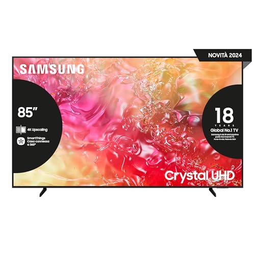 Samsung Smart TV 85" UE85DU7190UXZT, Crystal 4K UHD, 4K Upscaling, Slim Look, DVBT-2, Q-Symphony & OTS Lite, Integrato con Bixby, comp con Alexa e Google Assistant, Black 2024 [Amazon EXCL.]