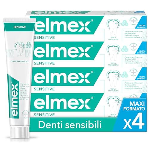 Elmex - Dentifricio Sensitive 4x75ml (Consegna in 48 Ore), Dentifricio per Denti Sensibili, Protezione delle Gengive, Sollievo dal Dolore dei Denti, Gengive Irritate, Formula Delicata contro la Carie