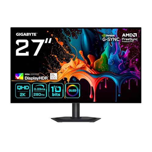 Gigabyte MO27Q28G Monitor Gaming OLED 27" QHD - 2560 x 1440, 280Hz, 0,03ms, 335 cd/m², Display HDR True Black 500, HDMI 2.1, DisplayPort 1.4