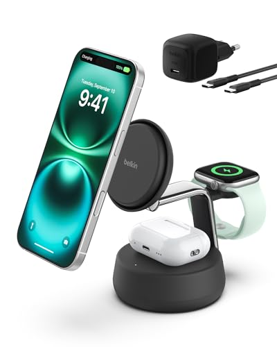 Belkin UltraCharge Pro 3 in 1 Qi2 25W MagSafe con ventola e PSU 45W - Nero